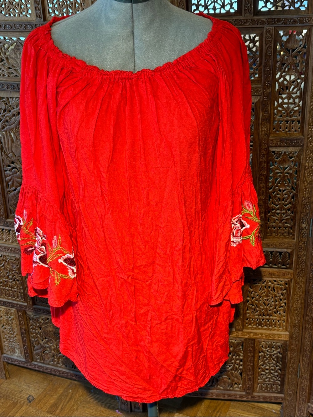 feathers Red Embroidered Peasant Tunic